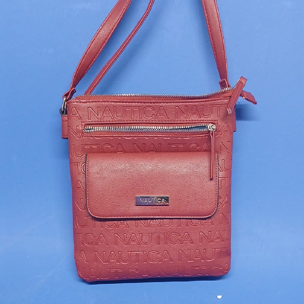 Nautica Name Brand Pattern Red Crossbody Bag 10" x 10" Two Front Pockets EC